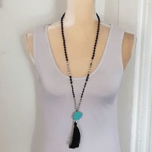 Graduated beaded 40" necklace faux turquoise tassel